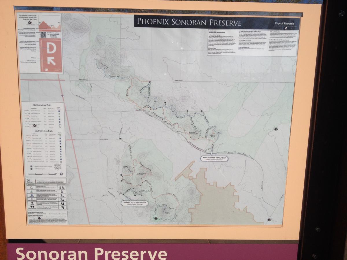 Map of the Phoenix Sonoran Preserve, showing trails in the northern and southern areas, trailhead locations, and key features. The map includes elevation markings and icons for various activities such as hiking and biking. Sonoran Preserve North mountain bike trail.