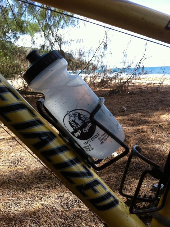 A close-up image of a bicycle frame featuring a water bottle secured in a holder. The bottle is partially filled, displaying condensation droplets on the surface. In the background, there is a view of the beach and ocean, with pine trees surrounding the area. The bicycle frame is painted a bright yellow color with the word "Specialized" visible.