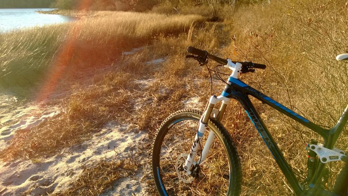 Trek Fuel EX 9.7 29: A mountain bike resting on sandy ground beside a lake, surrounded by tall grass and sparse vegetation. The scene is illuminated by warm, golden sunlight, creating a peaceful outdoor ambiance.
