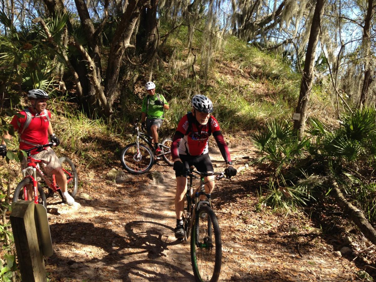 Three mountain bikers are navigating a dirt trail surrounded by lush greenery and trees. The cyclists are wearing helmets and colorful cycling attire. One rider is in the foreground, actively biking, while the other two are positioned on either side of the trail, one giving a thumbs up. The scene conveys an outdoor recreational atmosphere. Alafia River State Park mountain bike trail.
