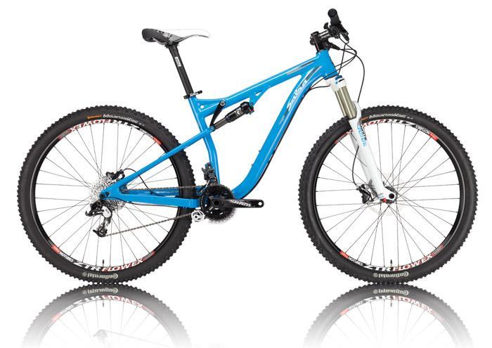 Salsa Horsethief: A blue mountain bike with a lightweight frame, front suspension, and thick, rugged tires, displayed against a white background with a reflective surface. The bike features a sleek design, hydraulic disc brakes, and a variety of gears for off-road riding.