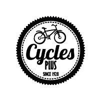 A circular logo featuring a bicycle, with the text "Cycles Plus" prominently displayed in a bold font, and "Since 1928" in smaller text below. The design is primarily in black and white, bordered by a scalloped edge.