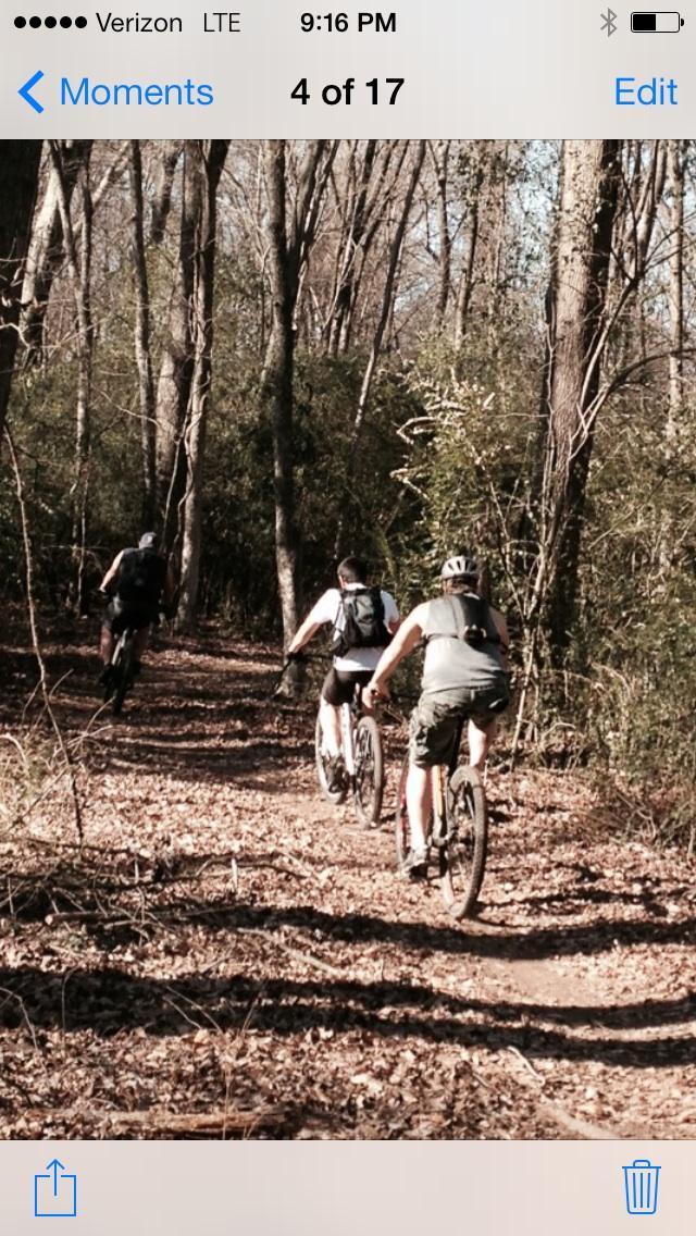 Three mountain bikers ride along a wooded trail covered with fallen leaves. The scene captures the cyclists from behind as they navigate the winding path, surrounded by trees and greenery. The sunlight filters through the branches, creating a serene atmosphere. Spadra Creek Nature Trail mountain bike trail.