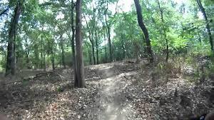 A narrow dirt path winding through a lush green forest, surrounded by tall trees and dappled sunlight filtering through the leaves. Spadra Creek Nature Trail mountain bike trail.