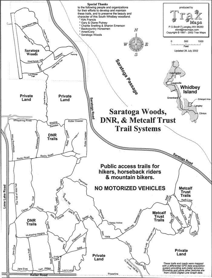 Map of the Saratoga Woods, DNR, and Metcalf Trust trail systems on Whidbey Island, showing designated public access trails for hikers, horseback riders, and mountain bikers. It includes labels for various trail names, private land areas, and a compass rose for orientation. The map emphasizes that no motorized vehicles are allowed on the trails. Saratoga Woods mountain bike trail.