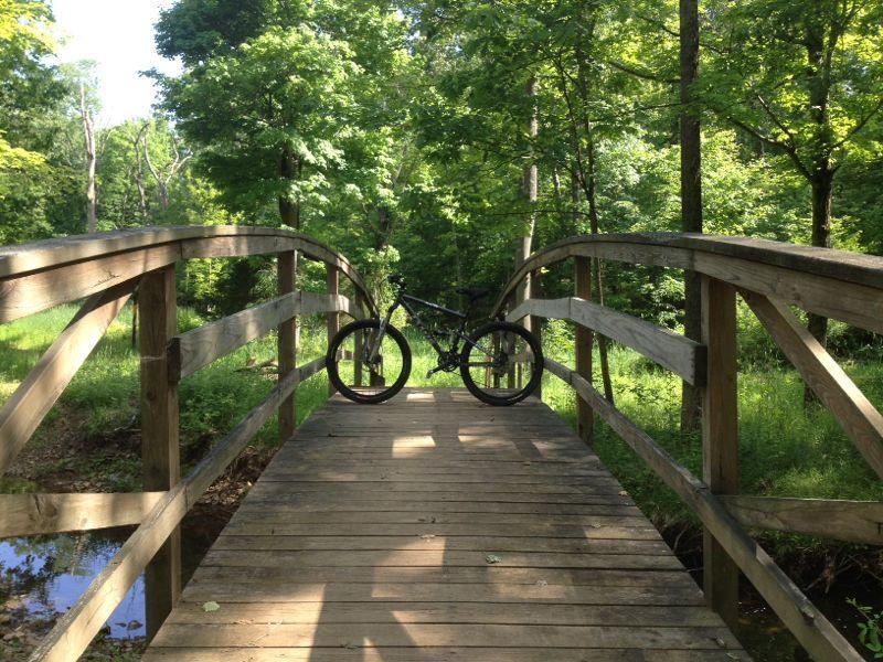 A wooden bridge in a lush green forest, with a black bicycle resting on it. The scene is illuminated by natural sunlight filtering through the trees, highlighting the vibrant foliage surrounding the area. Chimney Rock mountain bike trail.
