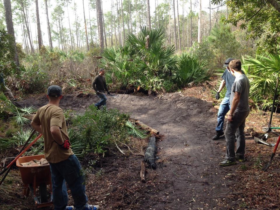 Group of individuals working together in a forested area, clearing and leveling ground. They are using tools such as shovels and wheelbarrows, surrounded by greenery and trees in the background. Nocatee mountain bike trail.