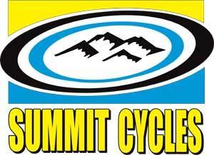 Logo of Summit Cycles featuring stylized mountains and vibrant colors, with the name "SUMMIT CYCLES" prominently displayed in bold yellow lettering against a blue background.