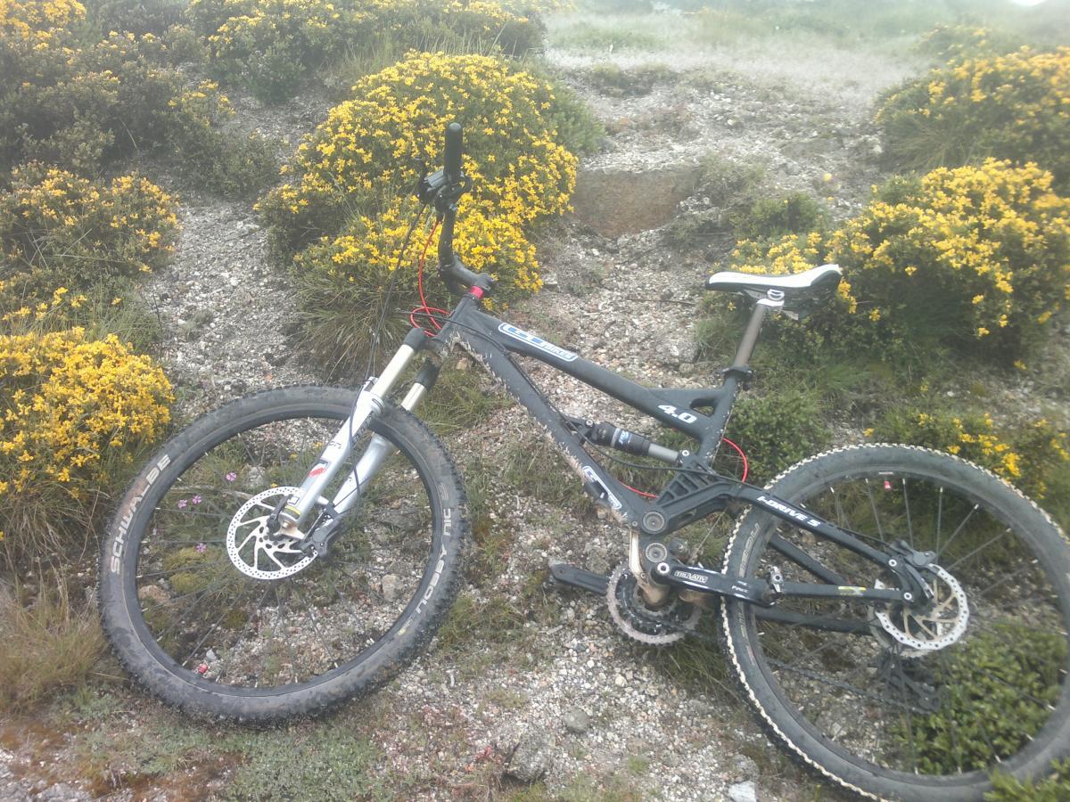 GT iDrive 5 4.0: A mountain bike rests on a gravel path surrounded by vibrant yellow flowers and greenery. The bike features a sleek black frame, thick tires, and disc brakes, indicating it is designed for off-road riding. The background is slightly foggy, adding a serene atmosphere to the outdoor scene.