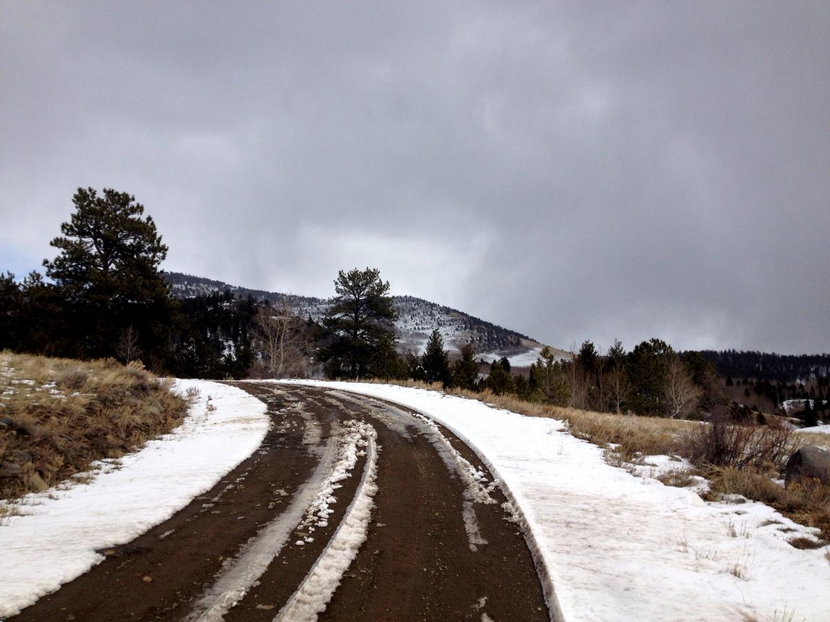 A winding dirt road leads through a mountain landscape, partially covered in snow. Pine trees line the edges of the road, and the sky is overcast with gray clouds. The scene captures a tranquil, wintry atmosphere in a natural setting. Road #182 mountain bike trail.