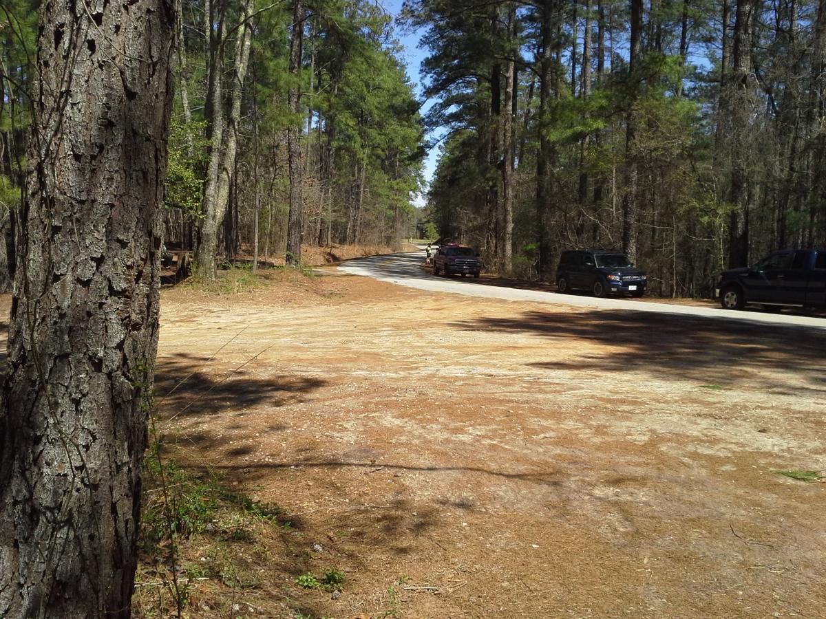 A dirt clearing next to a winding road lined with tall, green trees. Two parked vehicles are visible on the roadside, and sunlight filters through the branches, creating a serene natural setting. Issaqueena Lake mountain bike trail.