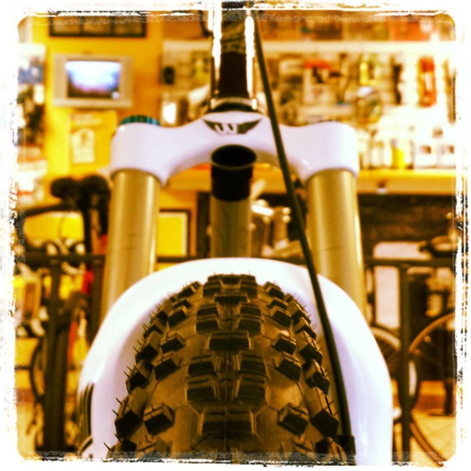 Close-up view of a mountain bike's front tire and suspension, showcasing the textured tread of the tire and the bike's fork components, with a blurred background of bike shop items and tools.
