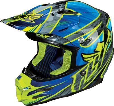 A brightly colored motocross helmet featuring a blue and neon yellow design with angular graphics and ventilation openings. The helmet has a visor and is designed for off-road riding.