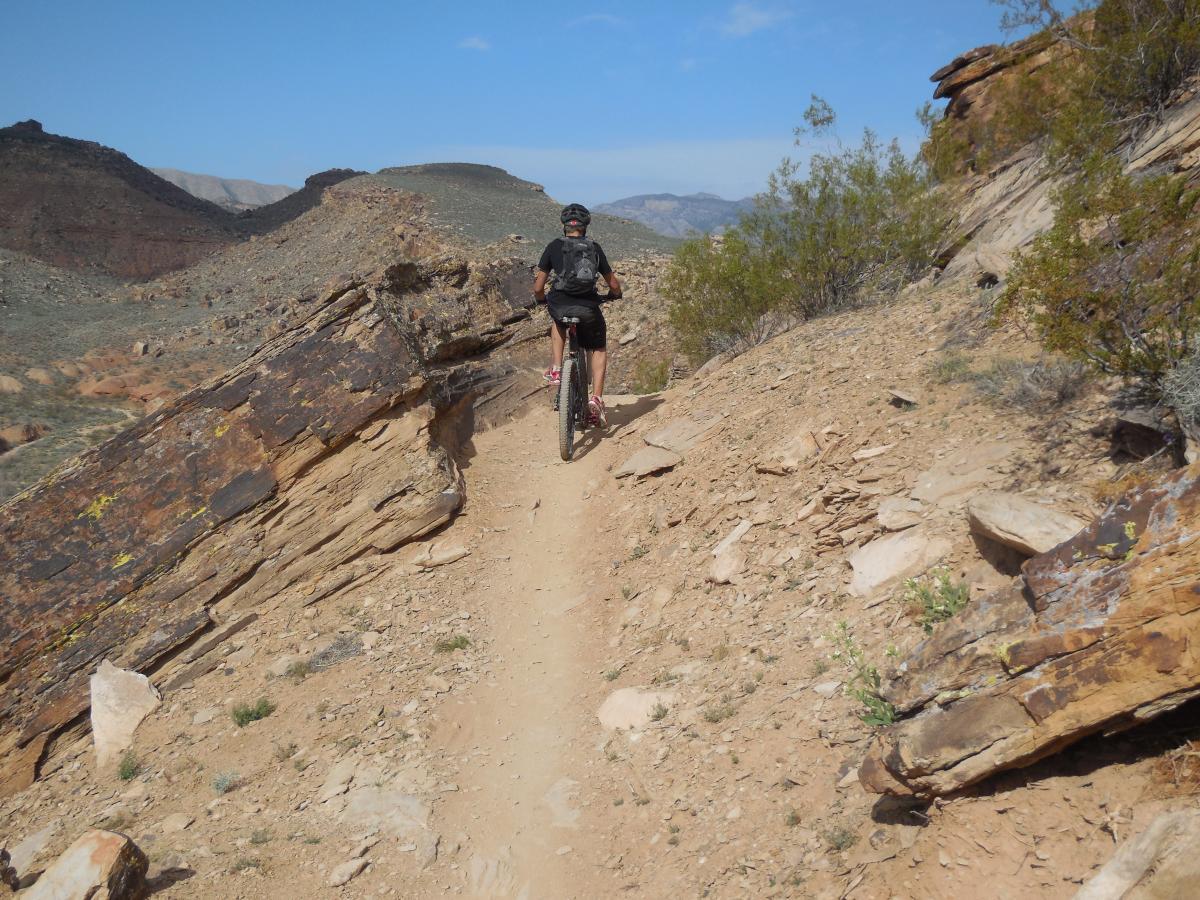 A person riding a mountain bike along a narrow dirt trail in a rocky landscape with mountainous terrain in the background. The setting is dry and rugged, featuring large rocks and sparse vegetation under a clear blue sky. Suicidal Tendencies mountain bike trail.