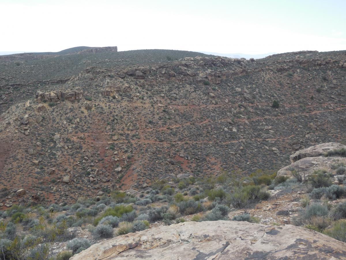 A rocky landscape featuring rolling hills covered in sparse vegetation and shrubs. The ground is a mix of brown dirt and rocks, with a few trails visible winding through the terrain. In the background, additional hills rise under a cloudy sky, creating a rugged natural scene. Suicidal Tendencies mountain bike trail.