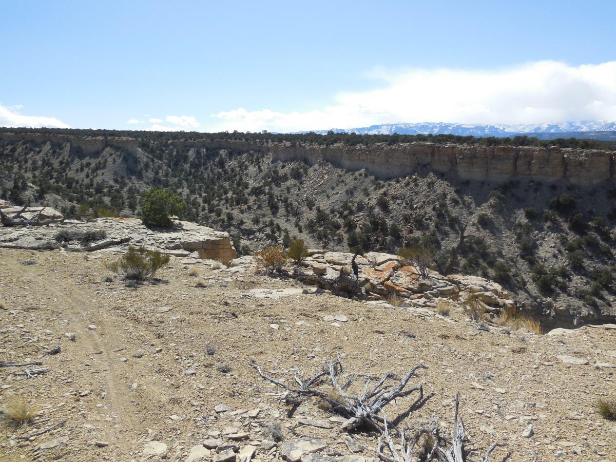 A rugged landscape featuring a rocky cliff overlooking a valley. The foreground shows dry terrain with sparse vegetation, while the background displays rolling hills and distant mountains under a clear blue sky. Country Club Trails mountain bike trail.