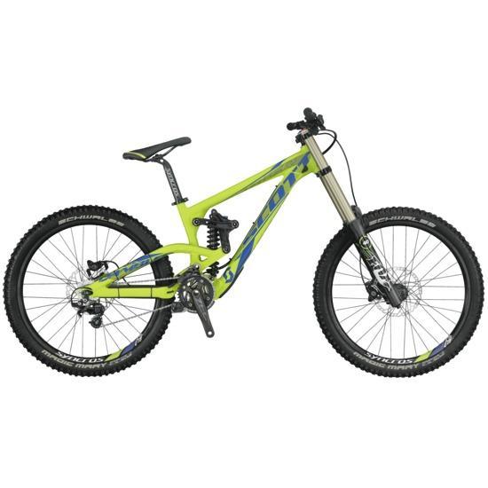 A vibrant green and blue mountain bike with a dual-suspension frame, thick tires, adjustable seat, and front suspension forks, designed for downhill riding.