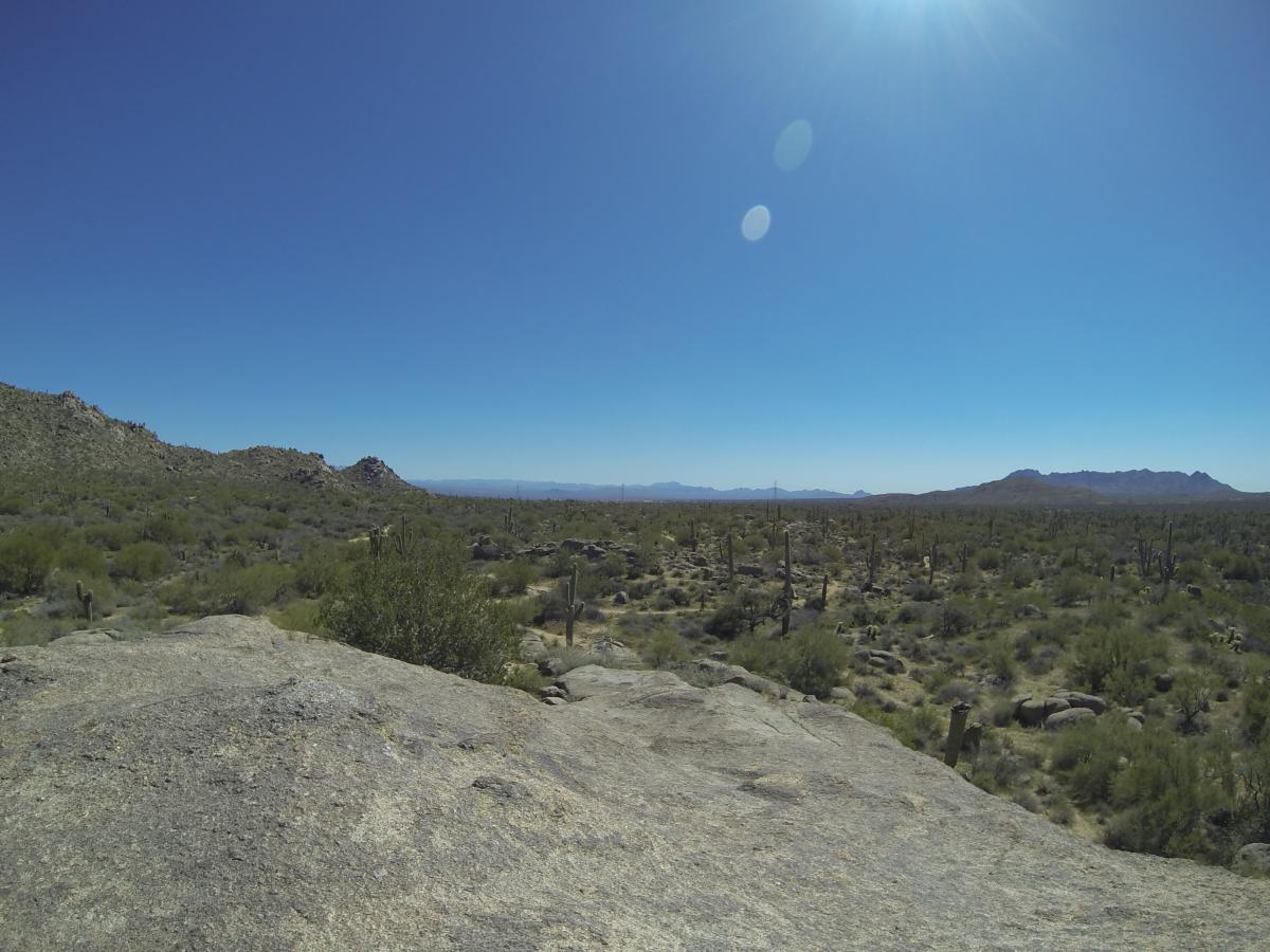 A panoramic view of a desert landscape featuring rocky terrain, scattered cacti, and distant mountains under a clear blue sky with bright sunlight. Pima Road and Dynamite Blvd mountain bike trail.