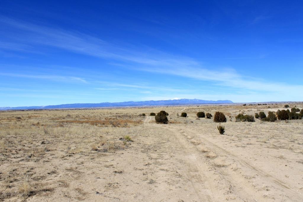 A wide view of a desert landscape featuring a dirt path leading into the distance. The foreground shows sparse vegetation and dry grasses under a clear blue sky, while distant mountains are visible on the horizon. South Shore Lake Pueblo mountain bike trail.