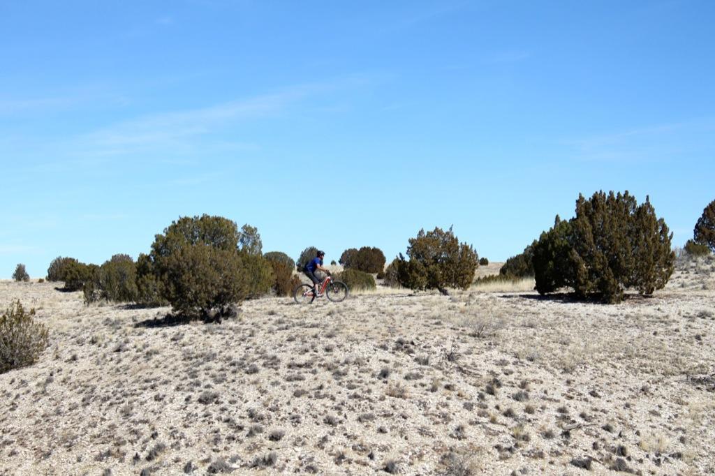 A person riding a mountain bike through a sparse, open landscape with low bushes and shrubs under a clear blue sky. South Shore Lake Pueblo mountain bike trail.