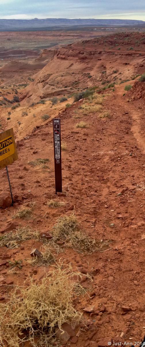 A dirt trail winding through a rocky landscape with red earth and sparse vegetation. A signpost is visible, indicating hiking information and precautions, including a warning about bees. In the distance, the terrain slopes downwards towards a valley, with a cloudy sky above. Page Rimview mountain bike trail.