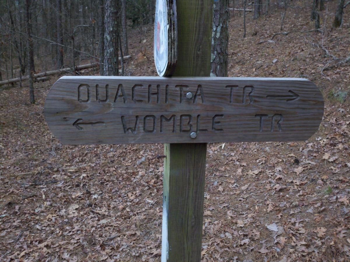Wooden trail sign indicating the directions for Ouachita Trail and Womble Trail, surrounded by a forest with fallen leaves on the ground. Womble mountain bike trail.