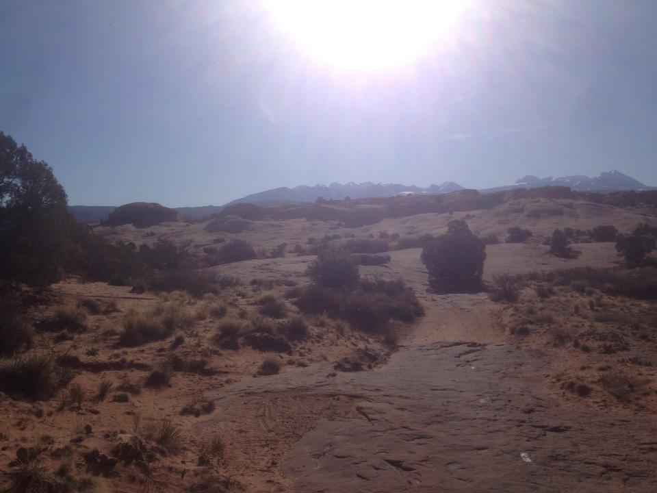A sunlit desert landscape with gentle sand dunes and scattered shrubs, framed by distant mountains under a clear blue sky. The foreground features a rocky path winding through the terrain. Klondike Bluffs mountain bike trail.