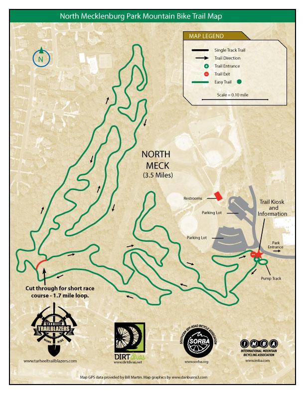 Map of North Mecklenburg Park Mountain Bike Trail, featuring a 3.5-mile layout with designated single track trails, entrances, exits, and easy trail options. Includes locations for restrooms, parking lots, and the trail kiosk for information. The map illustrates the trail direction and a cut-through for a shorter 1.7-mile race course. North Meck Park mountain bike trail.