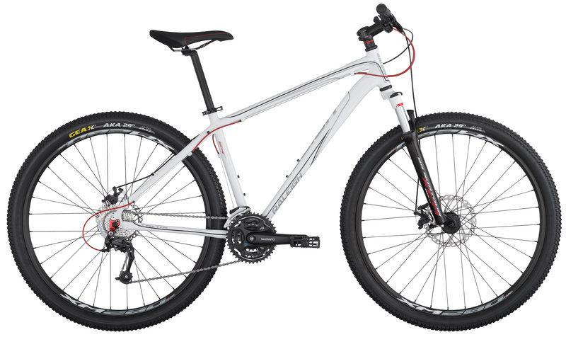 Raleigh Talus: A modern mountain bike with a sleek white frame, black tires, and red accents. The bike features a front suspension fork and multiple gears, designed for off-road trails and rugged terrain.