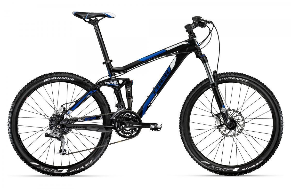 Trek Fuel EX 5: A black and blue mountain bike featuring a full suspension design, equipped with a Bontrager tire on both front and rear wheels, and a SRAM drivetrain. The bike's frame has a sleek and sporty appearance suitable for off-road cycling.