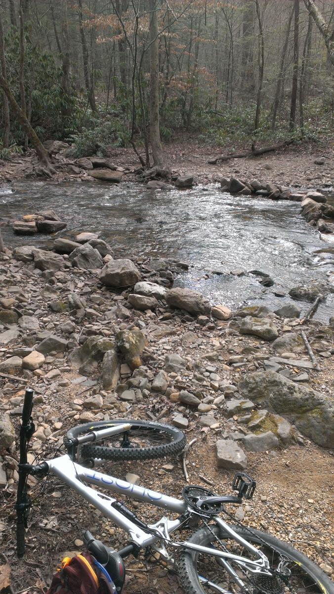 A mountain bike lying on rocky ground near a flowing stream, surrounded by trees and greenery in a forested area. Clear Creek mountain bike trail.