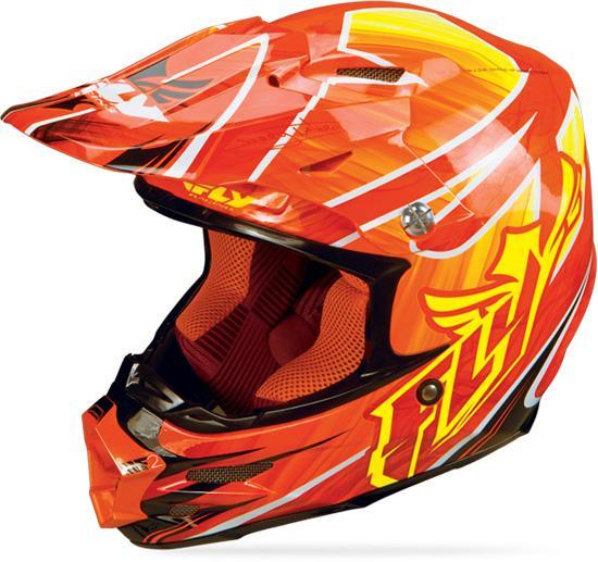 A brightly colored red and orange motocross helmet with a stylish design, featuring black accents and ventilation openings. The interior padding is visible, showcasing a comfortable fit. The helmet has a pronounced visor and is designed for safety in extreme sports.