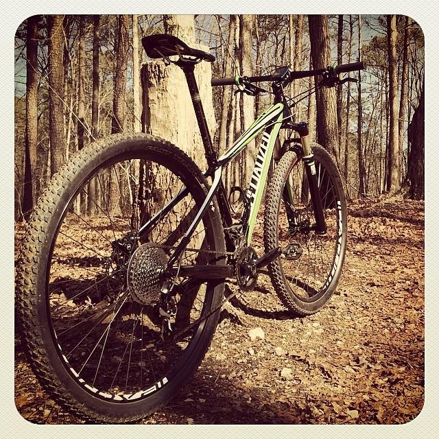 Specialized Stumpjumper FSR Comp 29: A black and green mountain bike is parked on a dirt trail surrounded by trees. The bike is positioned at an angle, showcasing its frame, tires, and gear mechanism. The forested background features slender trees and scattered dry leaves, indicating an outdoor setting in a natural environment.