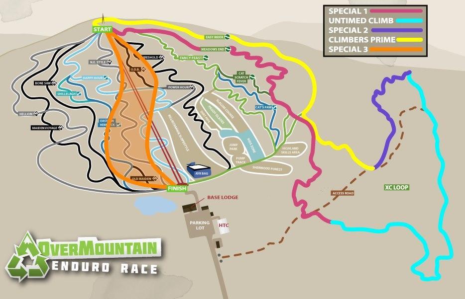A detailed map for the OverMountain Enduro Race, featuring various trails and sections marked in different colors. Key elements include the starting point at the top, the finish line at the bottom, and labeled trails such as "Bone Shaker," "Happy Hour," and "Cat Scratch Fever." Additional features include a base lodge, parking lot, and access road. The map highlights special race sections with color coding for clarity.