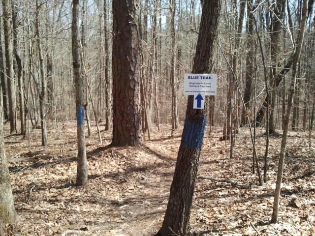 Sign marking the start of the Blue Trail in a forested area, with trees in the background and a path leading forward. The sign indicates that the trail is suitable for beginners and includes instructions for safe hiking. Blue markings on the trees guide the path. Hard Labor Creek State Park mountain bike trail.