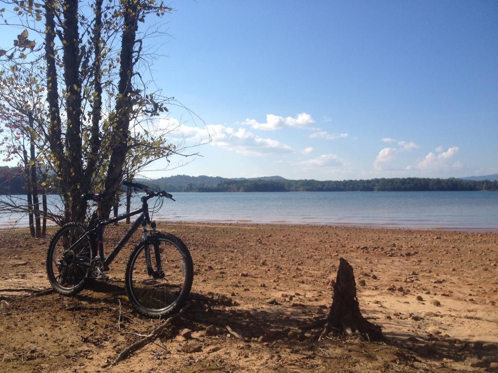 A mountain bike leaning against a tree on a sandy shore, with a calm lake and rolling hills in the background under a clear blue sky. Jack Rabbit Trails mountain bike trail.
