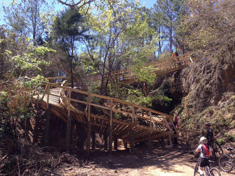 Alt text: A forested area featuring wooden bike trails winding up and down a hillside, with people biking and walking along the paths surrounded by trees and greenery. Santos mountain bike trail.
