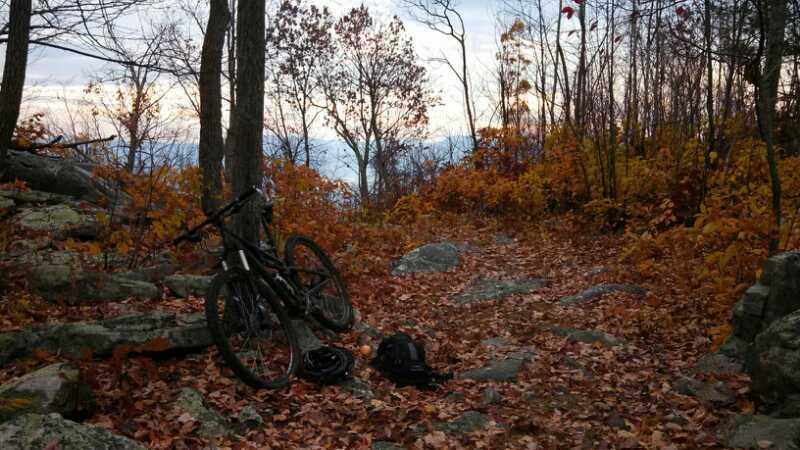 A mountain bike leaning against a rock in a forested area covered with autumn leaves, surrounded by trees with orange and yellow foliage. In the background, a horizon line shows a colorful sky at sunset. A small backpack is positioned nearby on the ground. Duncan Hollow mountain bike trail.