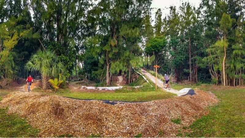 A scenic outdoor biking trail featuring two cyclists navigating a dirt track surrounded by lush greenery. In the background, there is a small jump ramp and a wooden signpost, with trees providing a natural backdrop. Amelia Earhart Park mountain bike trail.
