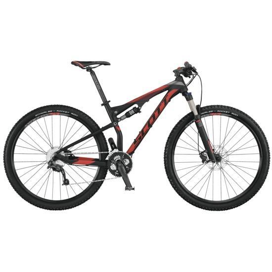 A mountain bike with a sleek black and red design, featuring a lightweight frame, front suspension, and knobby tires suitable for off-road trails.