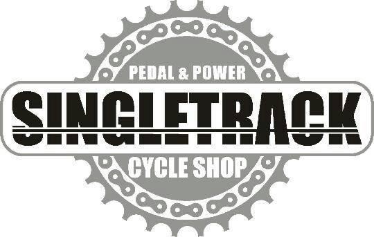 Logo for Singletrack Cycle Shop featuring the text "Pedal & Power" at the top and "SINGLETRACK" prominently in the center, with "CYCLE SHOP" at the bottom, all surrounded by a graphic representation of a bicycle chainring.