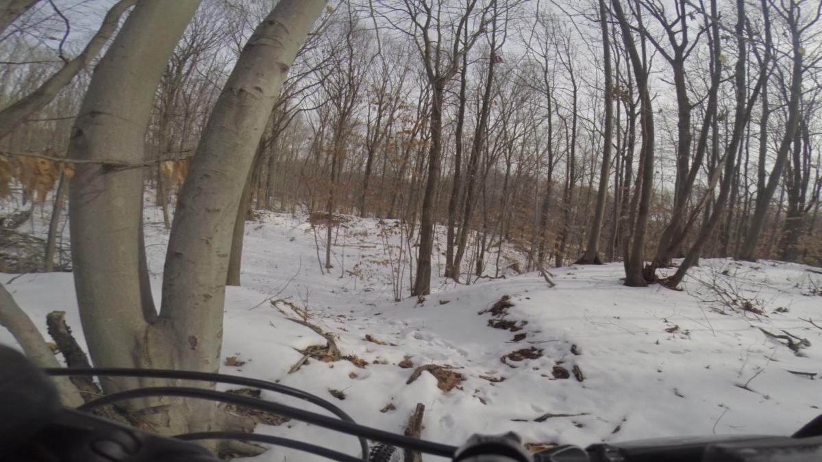 A view of a snowy forest trail, with bare trees on either side and a slight incline leading into the distance. In the foreground, part of a mountain bike is visible, positioned to navigate the snowy terrain. Arbutus Woods mountain bike trail.