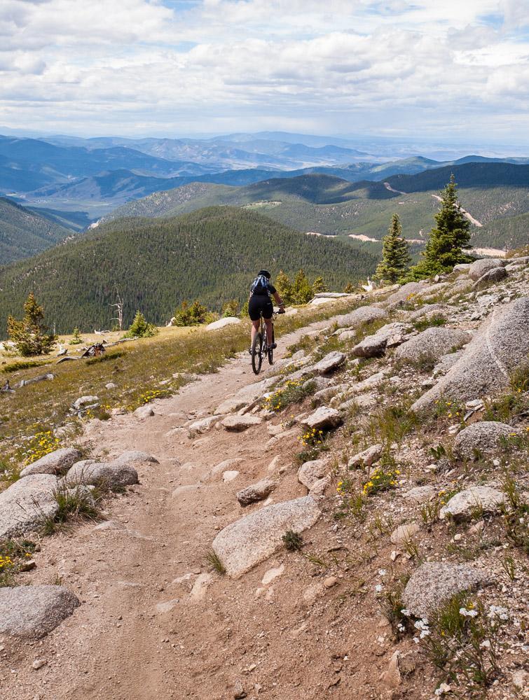 A mountain biker rides along a rugged trail lined with rocks and wildflowers, overlooking a vast mountain landscape under a partly cloudy sky. The scene captures the beauty of outdoor adventure in nature. Monarch Crest Trail mountain bike trail.