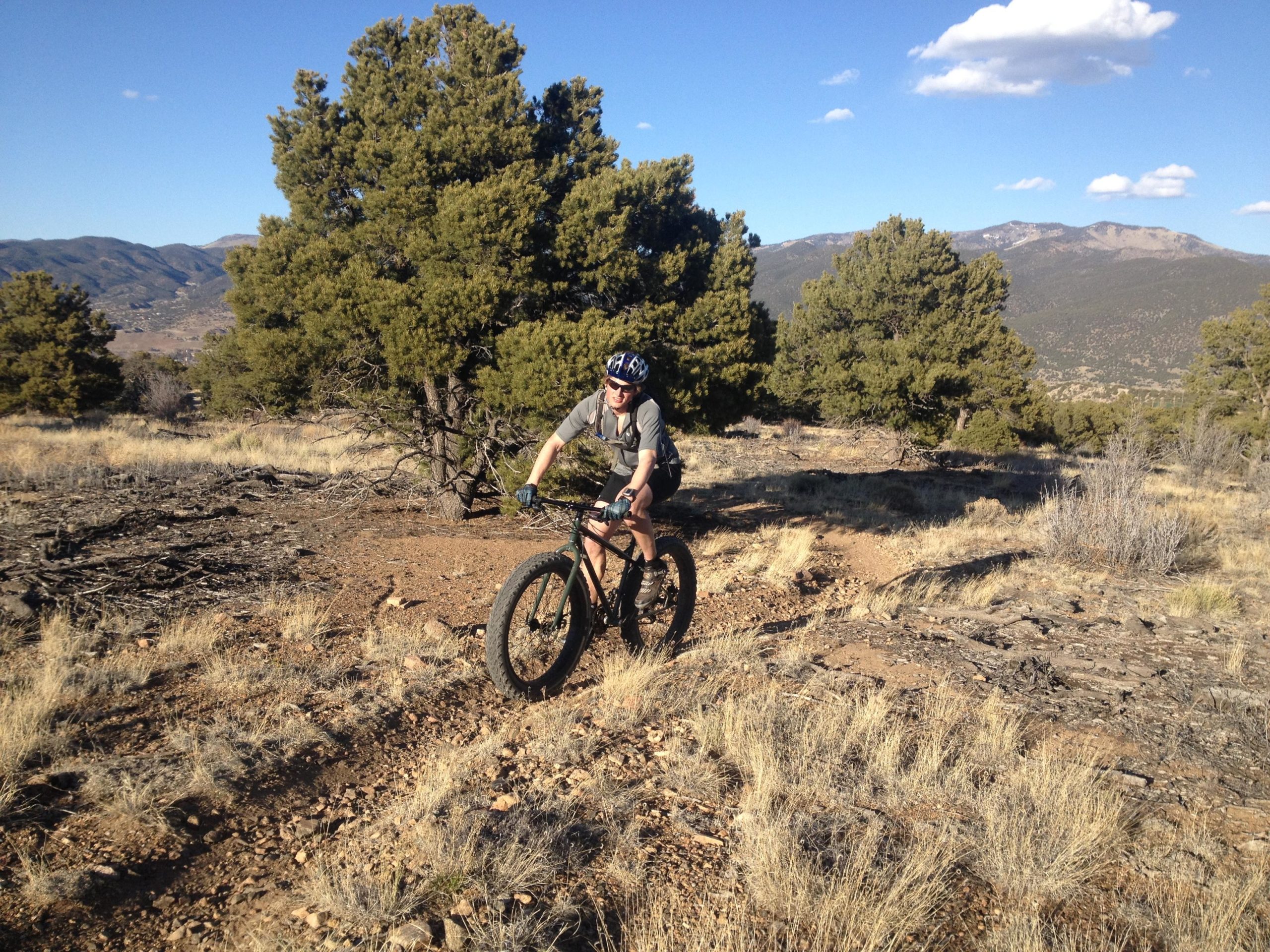 A mountain biker rides on a dirt trail surrounded by tall pine trees and rocky terrain, with mountains and a clear blue sky in the background. Methodist Mountain mountain bike trail.