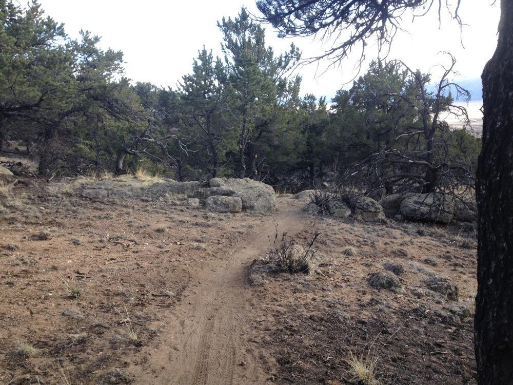 A dirt path winding through a rocky and uneven terrain, surrounded by scattered trees and brush. The landscape features a mix of rocky outcrops and patches of dirt, with a cloudy sky above. Broken Boyfriend mountain bike trail.