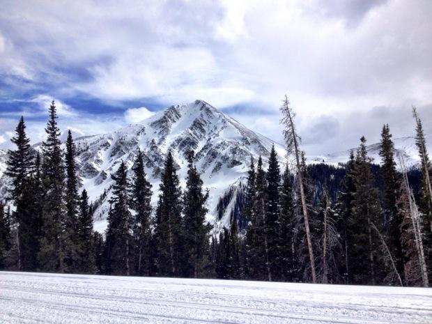 Snow-covered mountain peak surrounded by tall evergreen trees under a cloudy sky. The foreground features a snowy valley with ski tracks. Cottonwood Pass Road mountain bike trail.