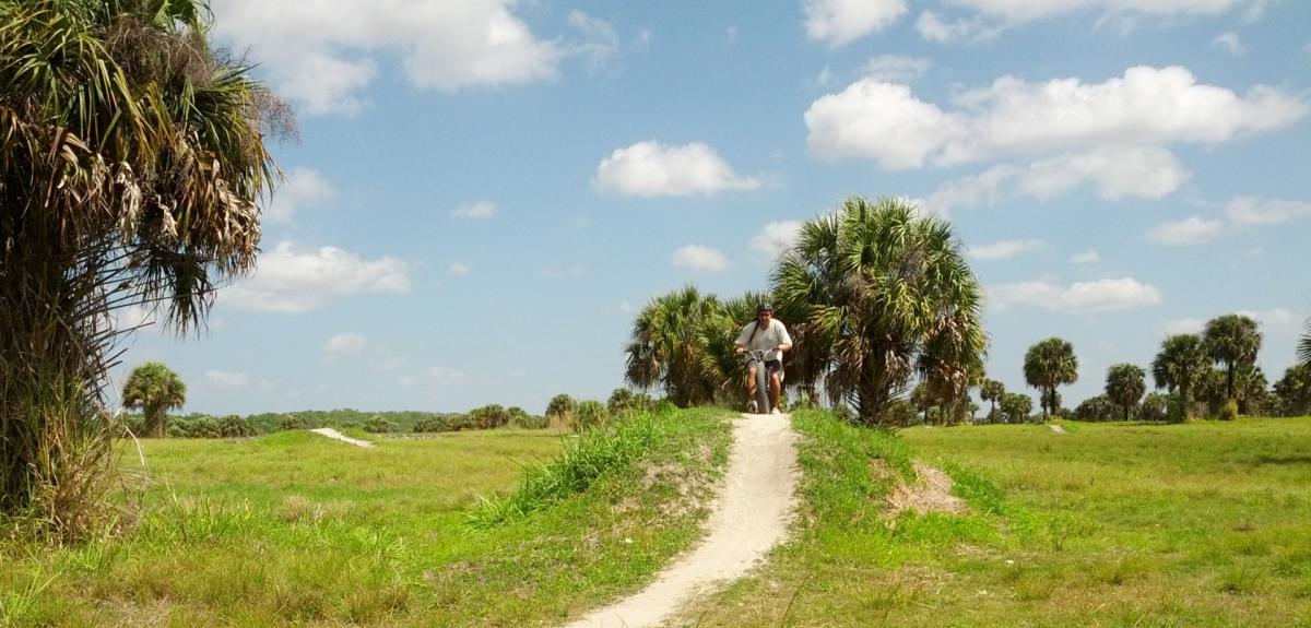 A person riding a bicycle on a dirt trail through a grassy field, surrounded by palm trees under a blue sky with scattered clouds. Caloosahatchee Regional Park mountain bike trail.