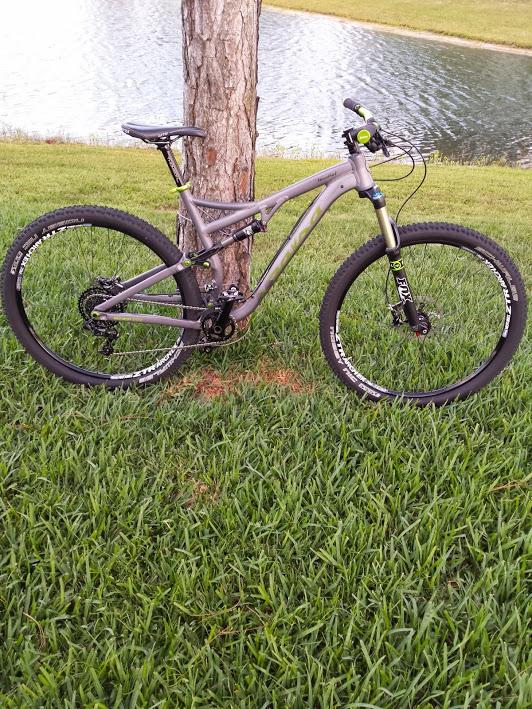 Salsa Horsethief: A mountain bike leaning against a tree, surrounded by green grass. The bike features a gray frame with black and white tires, suspension forks, and a visible gear system. In the background, there is a calm body of water reflecting the scenery.