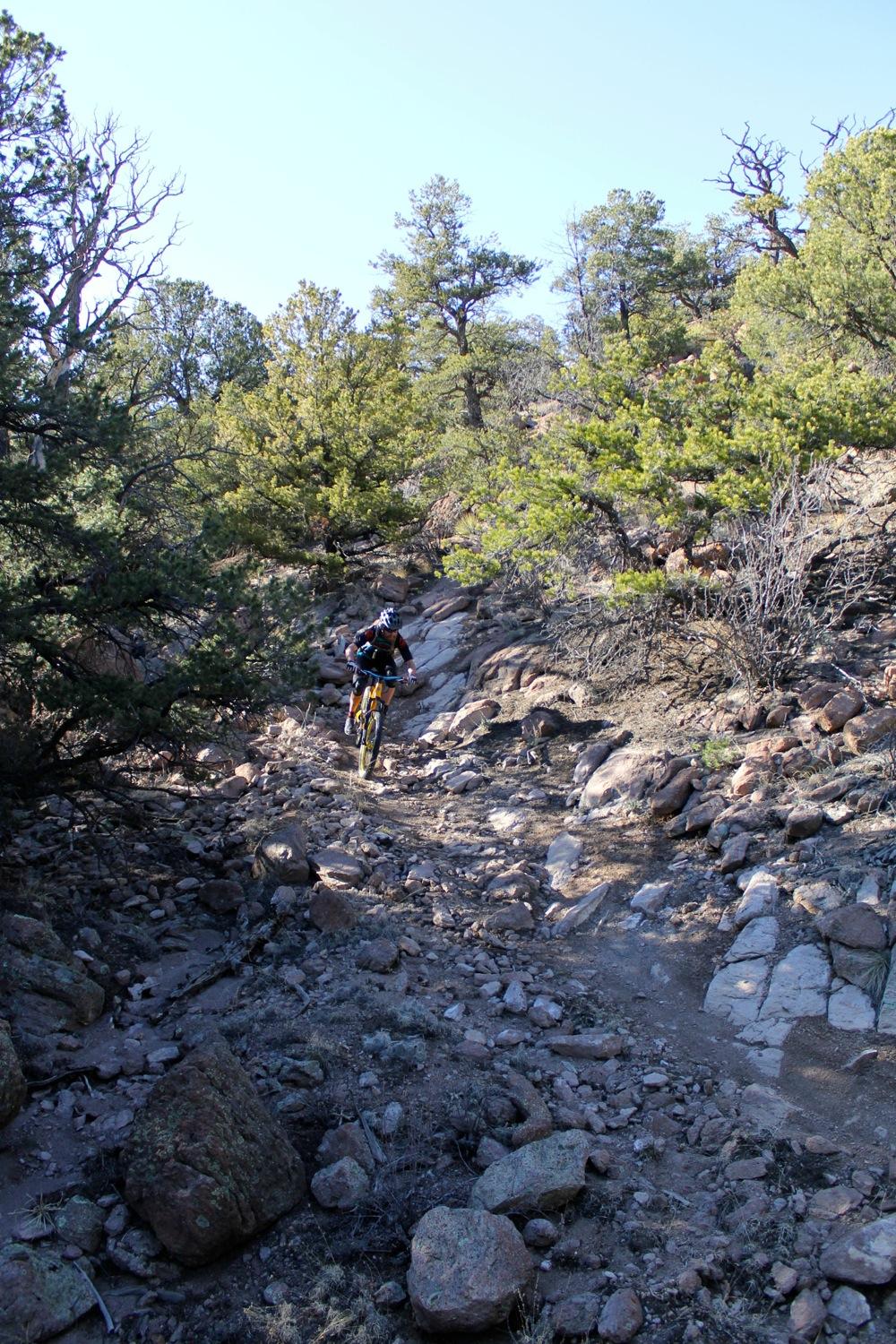A mountain biker rides along a rocky trail in a forested area, surrounded by trees and boulders under a clear sky. Unkle Nazty mountain bike trail.