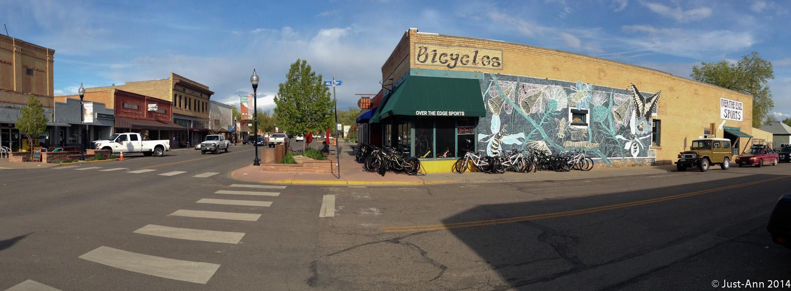 A panoramic view of a quaint downtown street featuring several historic buildings and shops. The foreground includes a crosswalk, with parked vehicles lining the street. On the right, there is a store with a green awning labeled "Over the Edge Sports" and a vibrant mural depicting plants and butterflies. Bicycles are lined up outside the store. The background features a mix of brick buildings, some with awnings, and a clear blue sky.